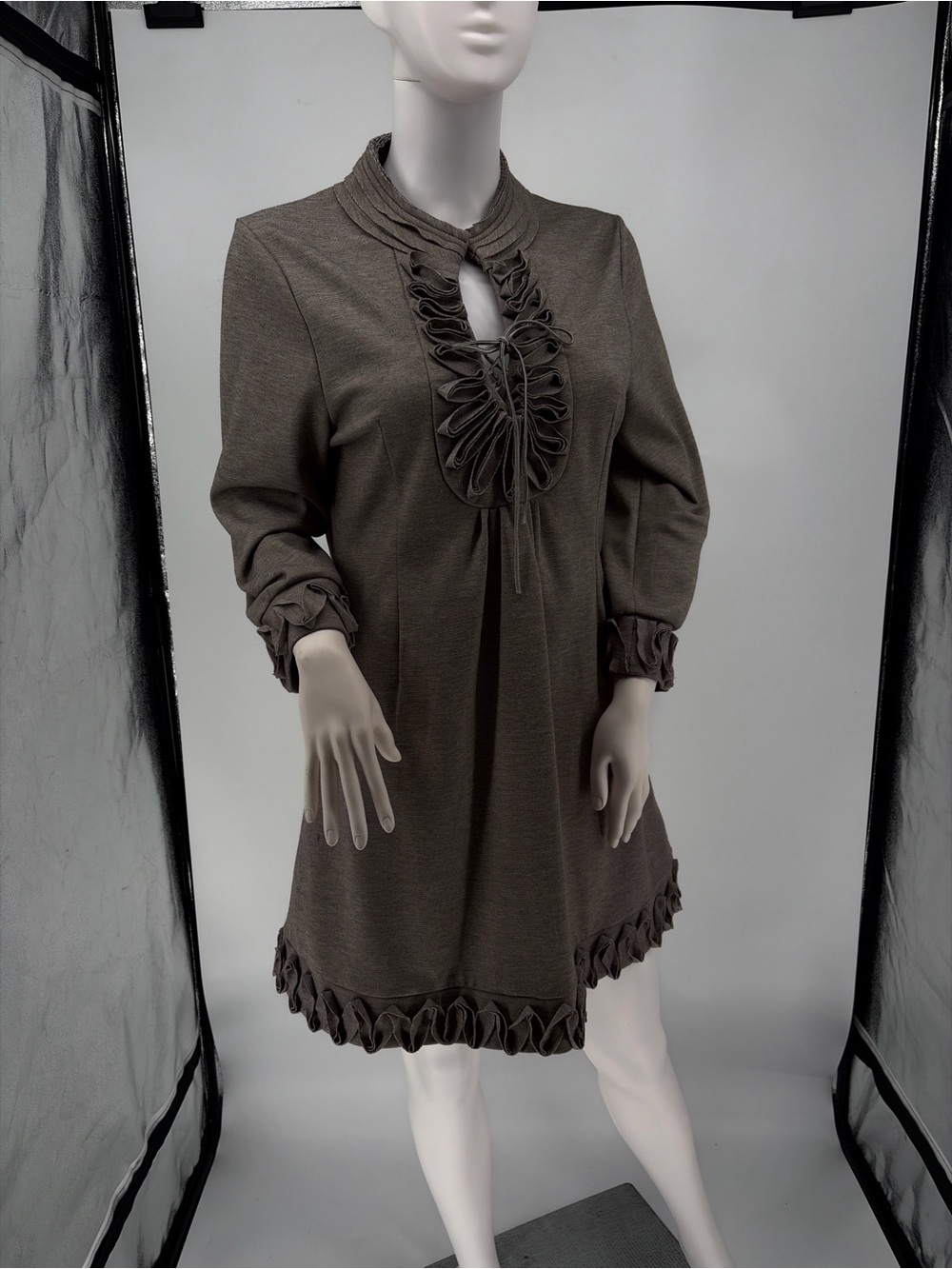 Womens Gray Ruffle-Trim Long Sleeve Tunic Top